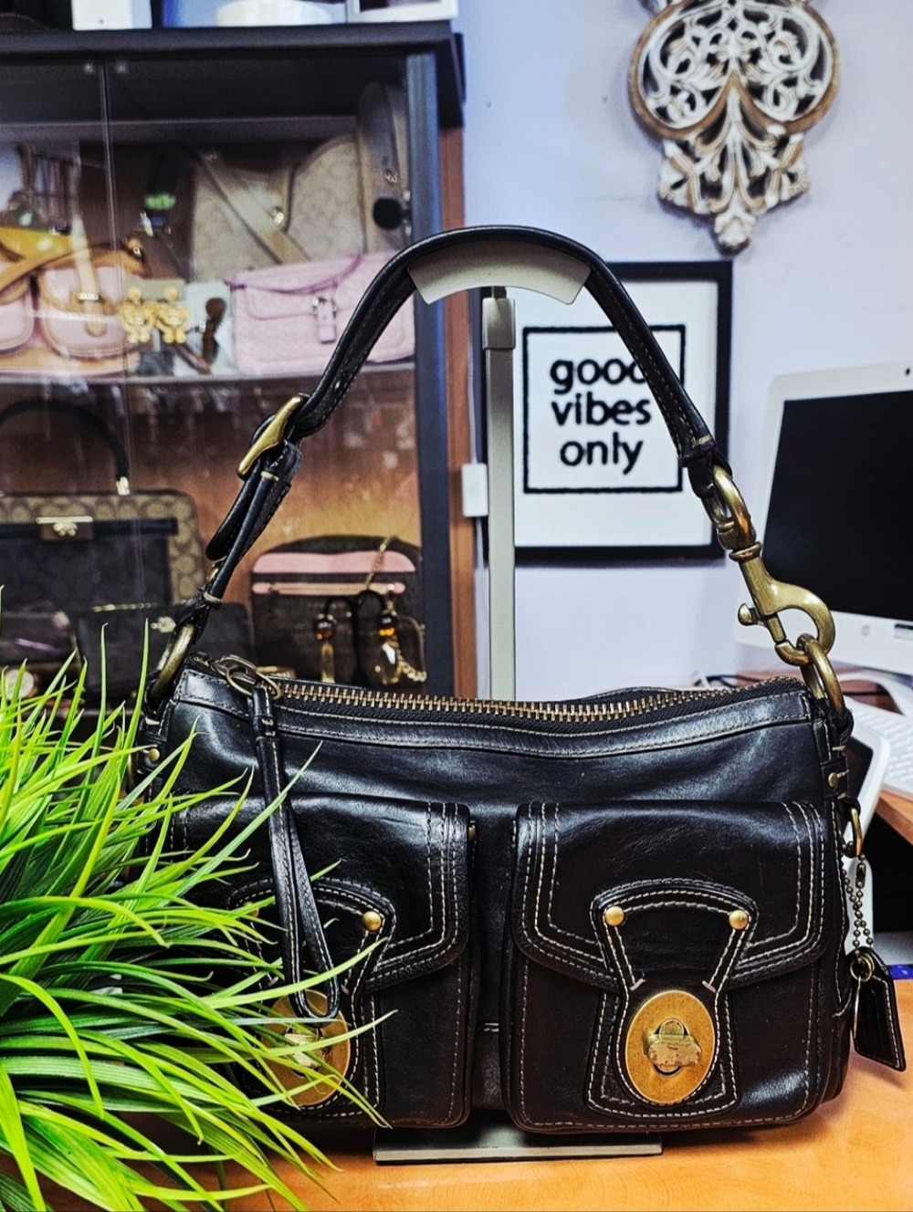 Coach Legacy Vintage Black Leather Shoulder Bag with Gold Hardware